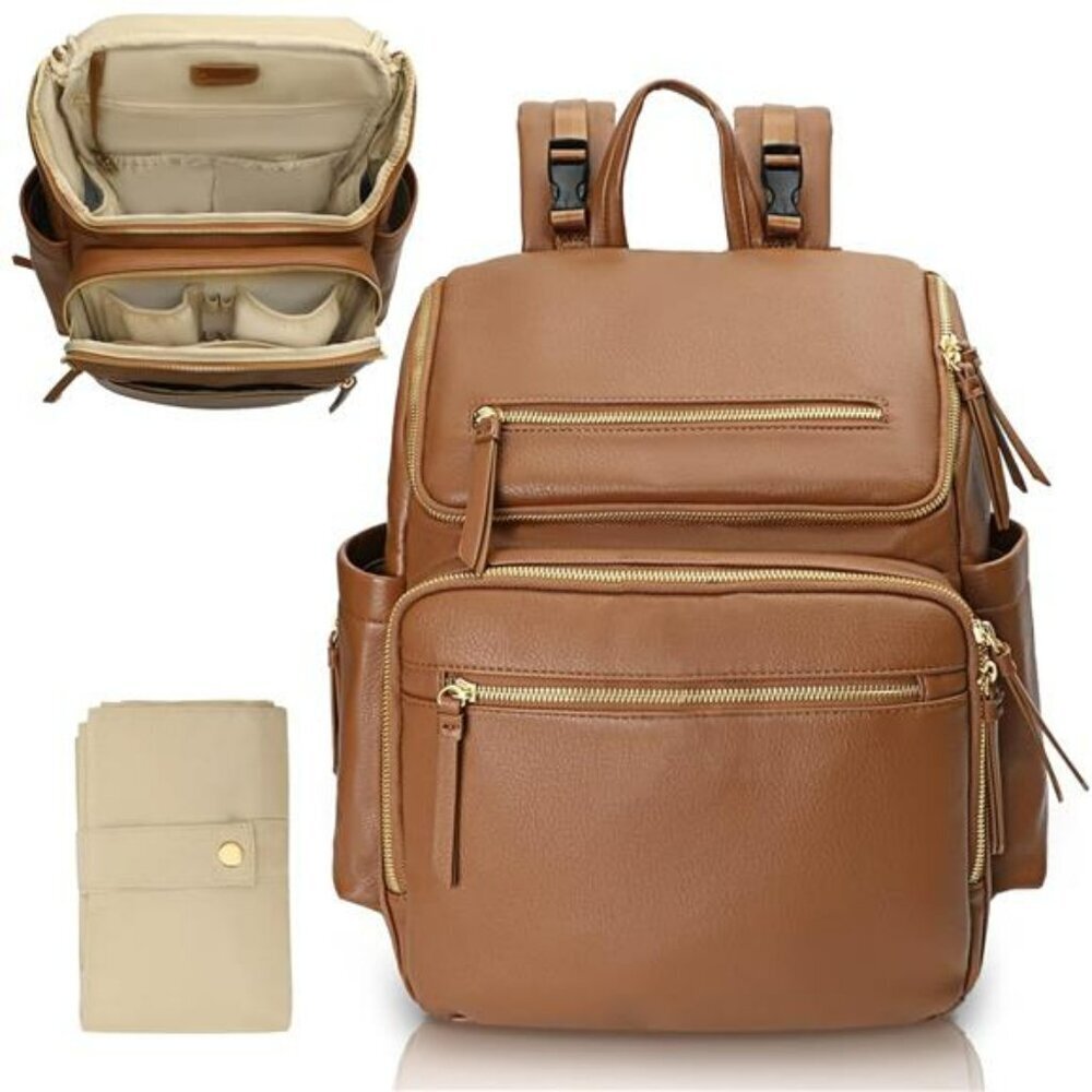 Leather Diaper Bag Backpack Large Baby Bag with Insulated Pockets Brown